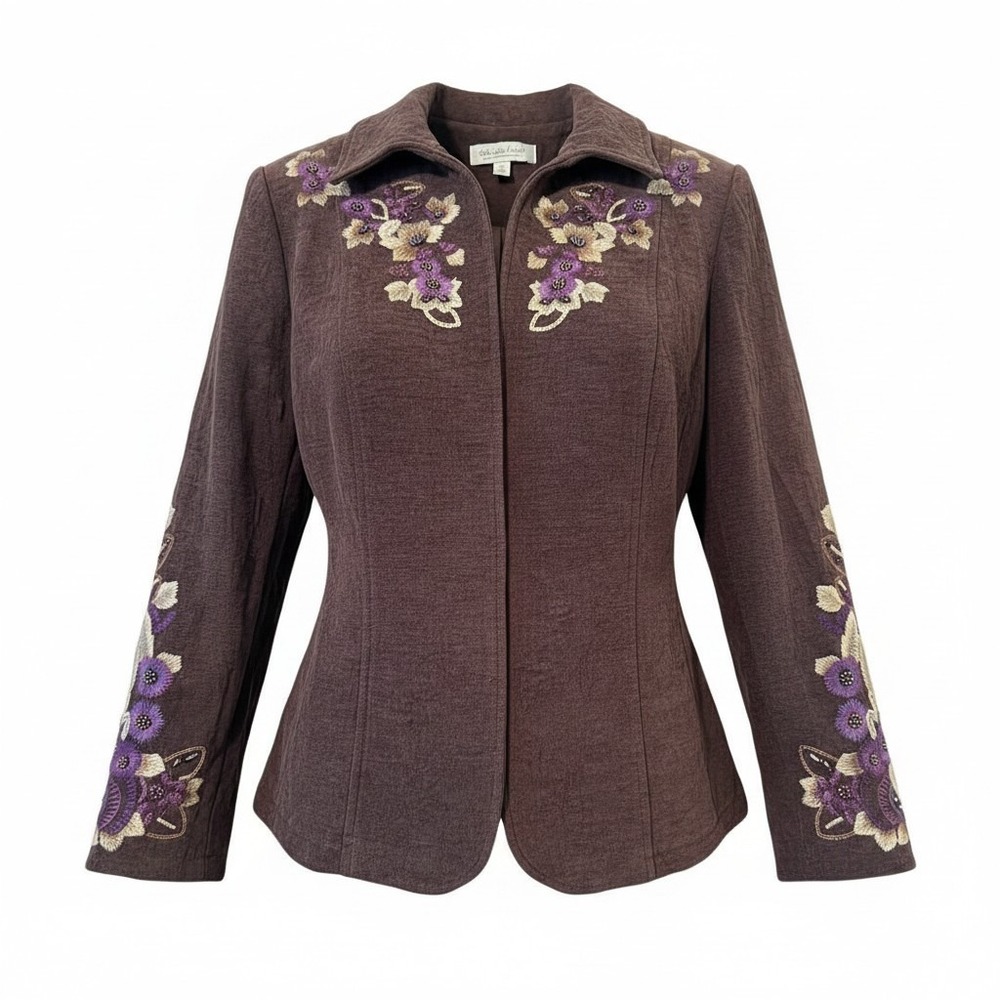 Coldwater Creek Brown Embroidered‎ Beaded Floral Open Front Jacket Womens 12